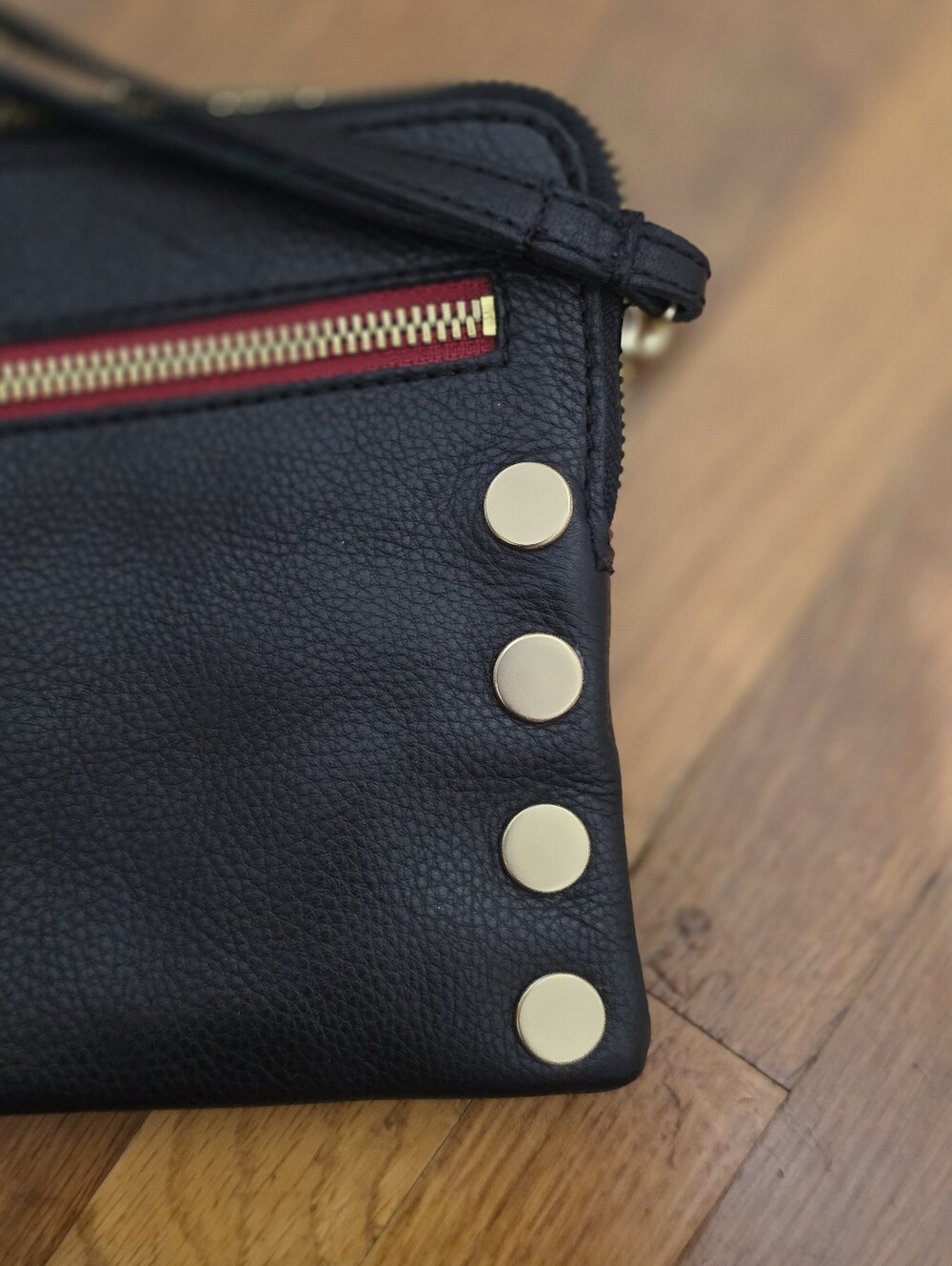 Hammitt Black Leather Wristlet with Gold Studs and Red Zip Trim - Picture 6 of 7